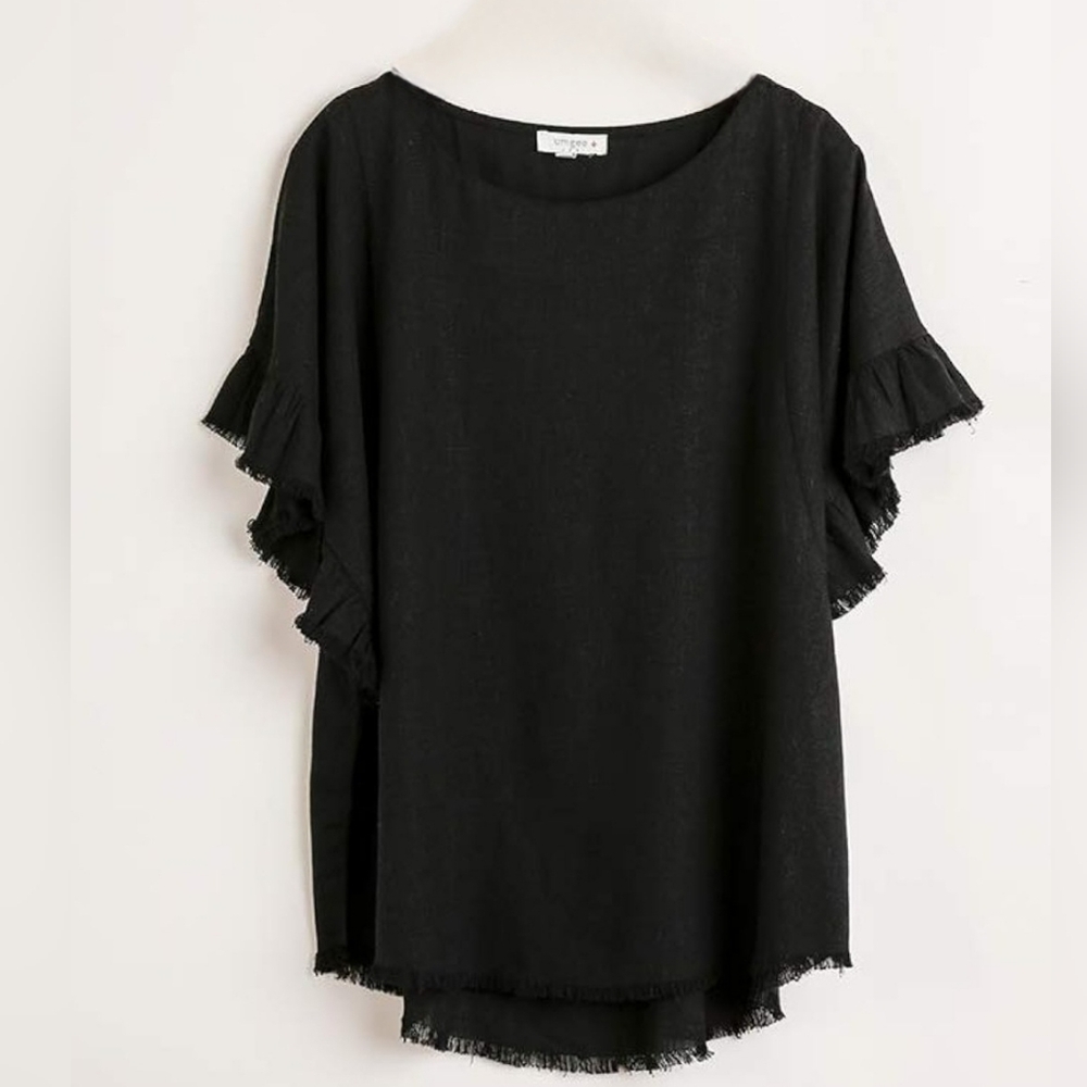 Umgee Women's Ruffle Sleeve Frayed Hem Top Size XL